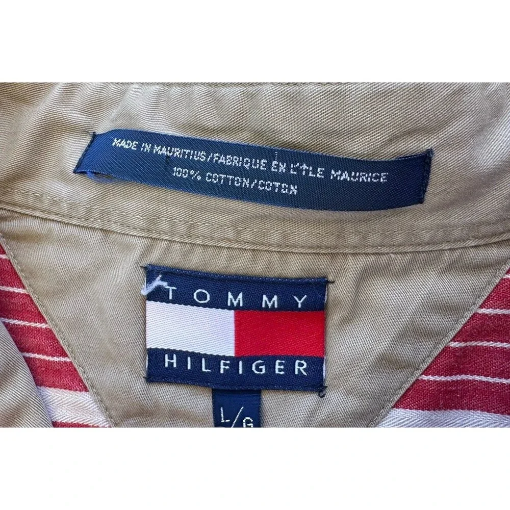 VTG Tommy Hilfiger Button Down Shirt Men's Lg Maroon Red‎ Tan Stripes Crest 90s
